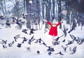 девушка, рыжая, снег, счастье, улыбка, снежинки