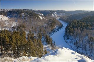 Вид на  долину р.Бердь , теплый зимний день, достаточно ощутимый ветер сдувает снег с деревьев но по самым вершинам кряжа сосны стоят заиндевелые)