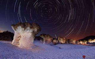 Meteor Shower Over Rocky Mushrooms