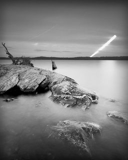 Crescent Moon Rising, from the Moontracks collection.

4x5 film pre-exposed for foreground; re-exposed for crescent moontrack.