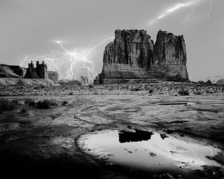 Lightning Over Courthouse Towers, from Ethereal Days.

Single 6x7cm film exposure.  1 hour.
