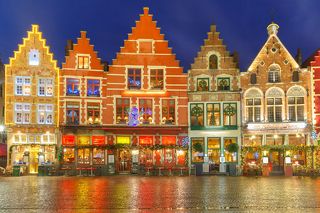 Christmas Decorated and illuminated Old Markt square in the center of Bruges, Belgium