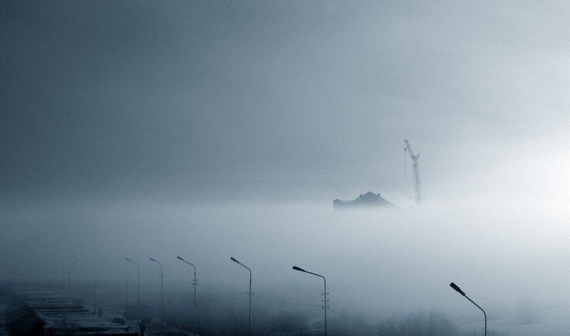 туман, ч/б, город корабль в туманеphoto preview