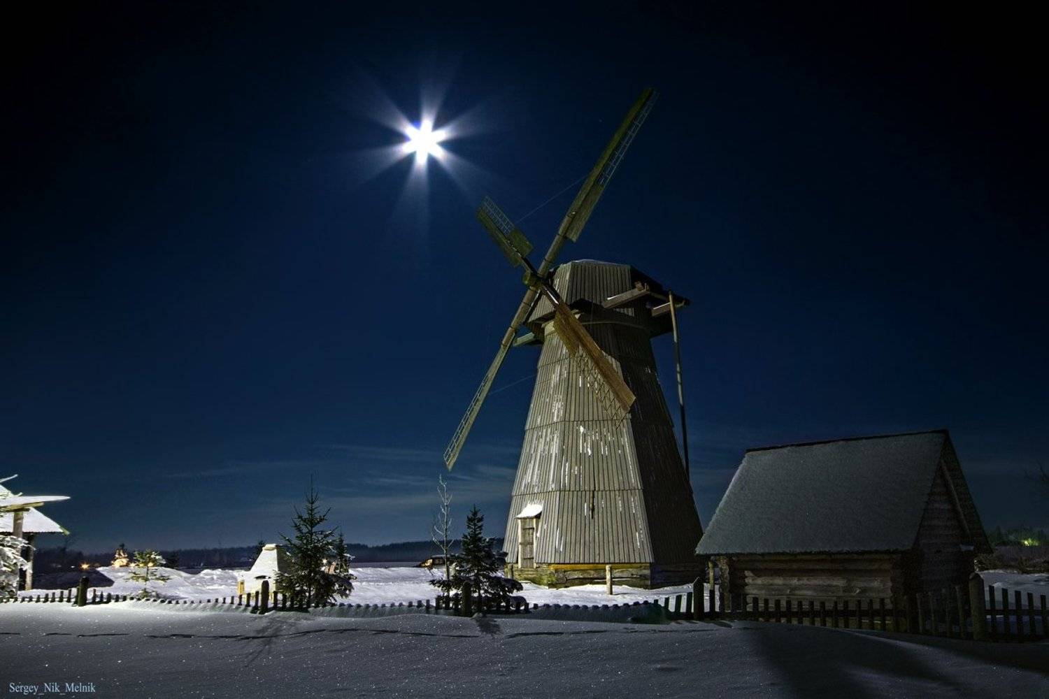 беларусь, зима, ночь, луна, снег, мороз, мельница, Melnik-oy Serg-N-