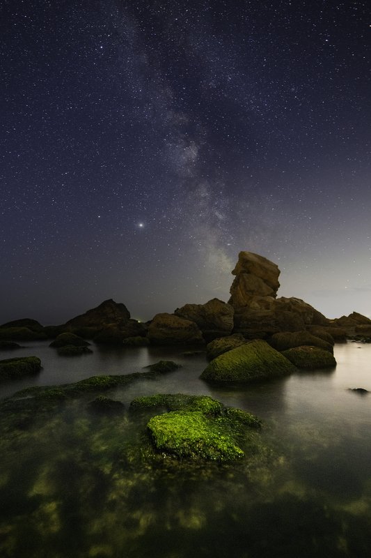 milky way, landscape, nightscape, seascape, sea, stars, moss, night, outdoor Sea stacks of Fontankaphoto preview