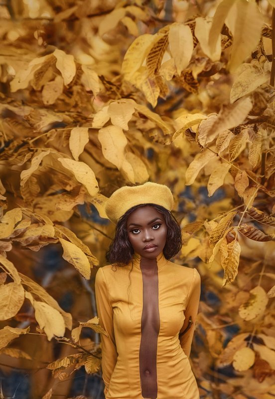 portrait, girl, autumn, yellow leaves,sexy girl,black skin photo preview