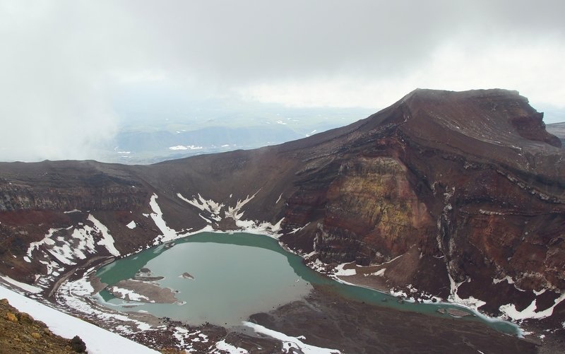 mountain, volcano, nature, landscape, view, crater, caldera, lake, haze, season, weather, relief Kamchatka Peninsulaphoto preview