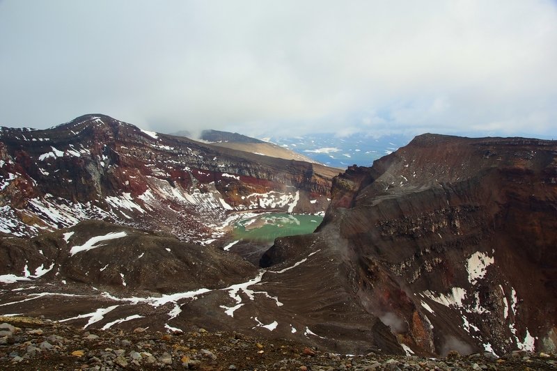 mountain, volcano, nature, landscape, view, crater, caldera, lake, haze, season, weather, relief Kamchatka Peninsulaphoto preview