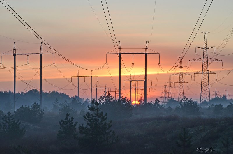 утро, осень, солнце, рассвет, восход, лэп Энергия утраphoto preview