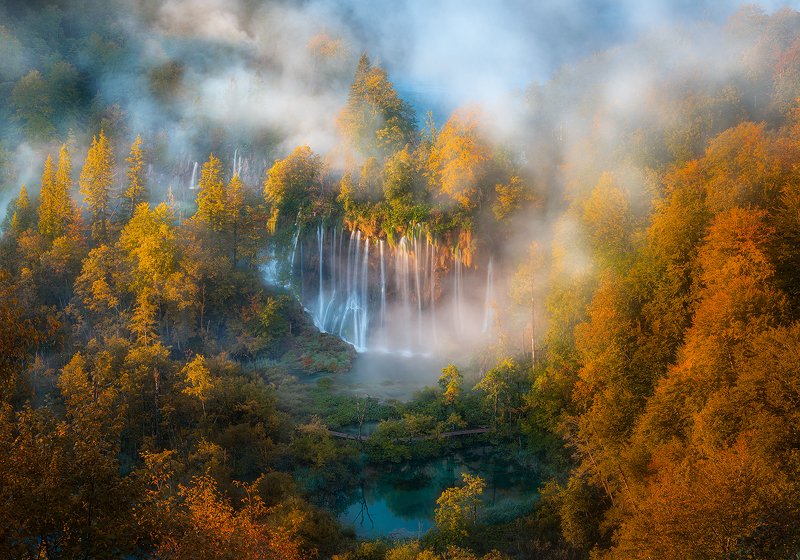 plitvice, lakes, vroatia, mist, fog, waterfall, forest, autumn, tree  plitvice lakes photo preview