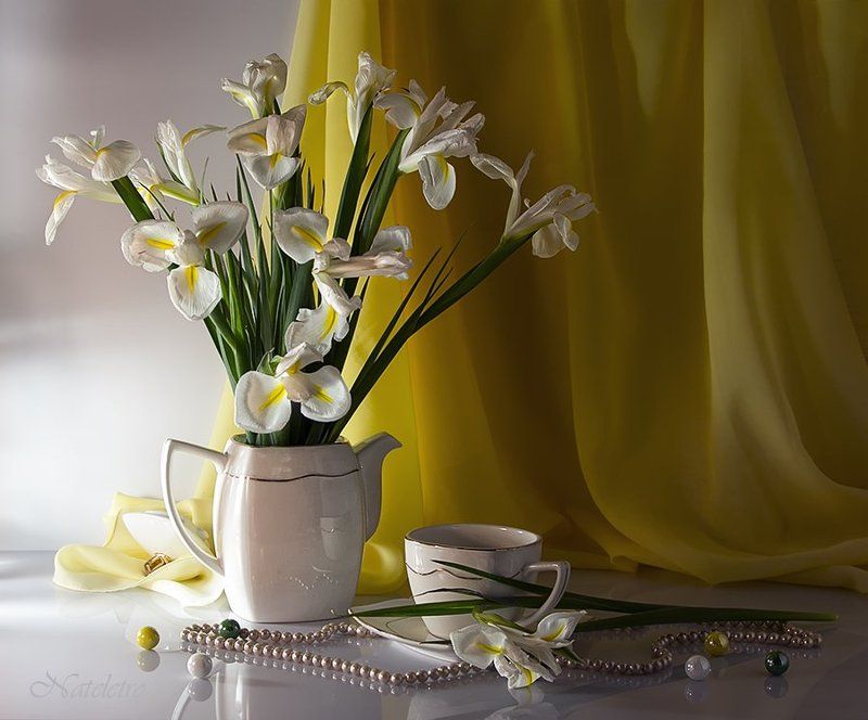 натюрморт, цветы, чайник, чашка, ирис ~***~photo preview