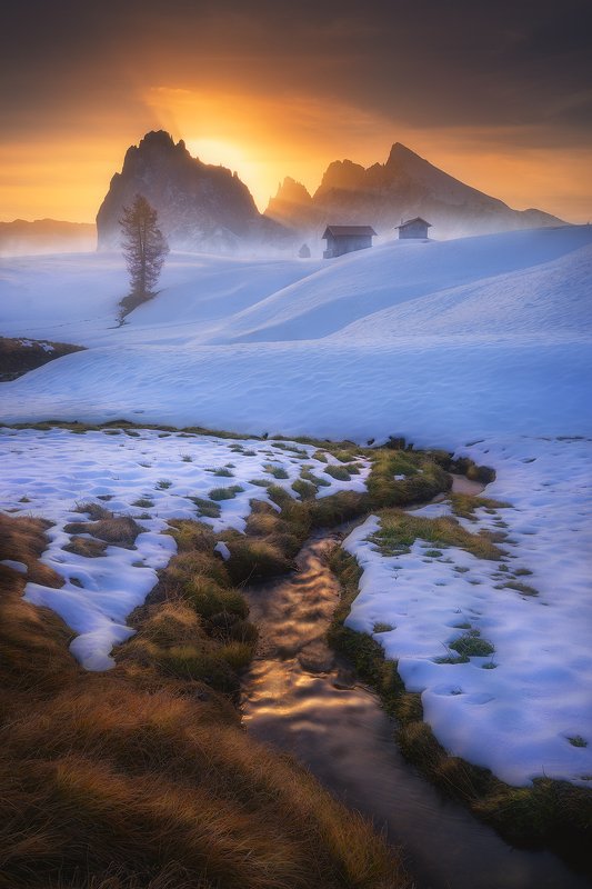 alpre, di , siusi, dolomiti, italy, landscape, snow, mountain, creek, autumn, winter, sunrise  alpe di siusiphoto preview