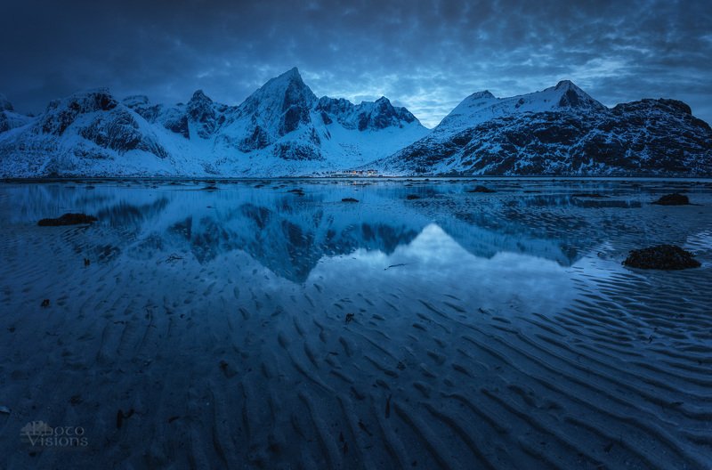 lofoten,flakstadpollen,blue hour,mountains,winter,reflections, Blue lagoonphoto preview