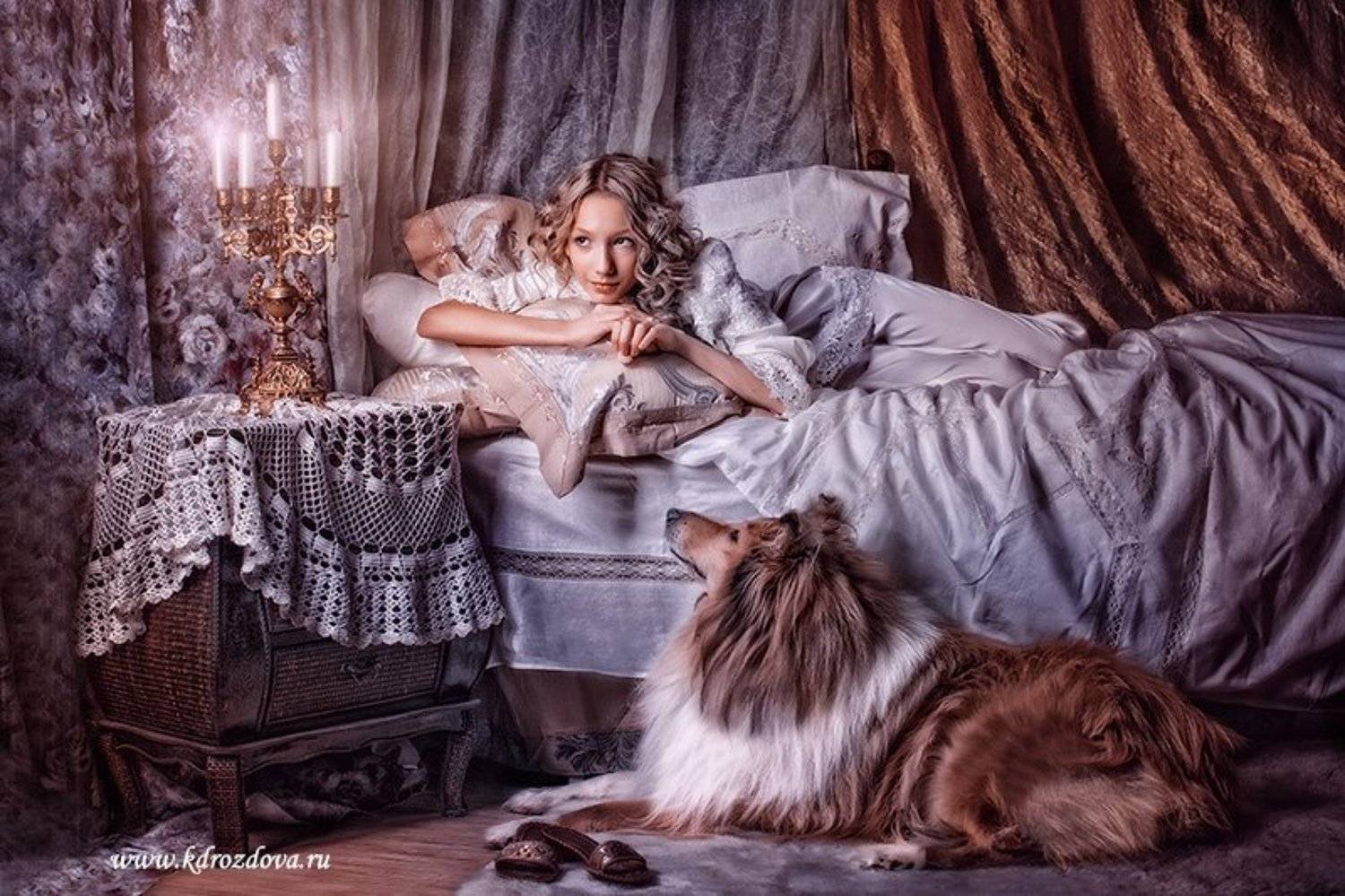 девочка , собака, постель,колли, свеча, Katerina Drozdova