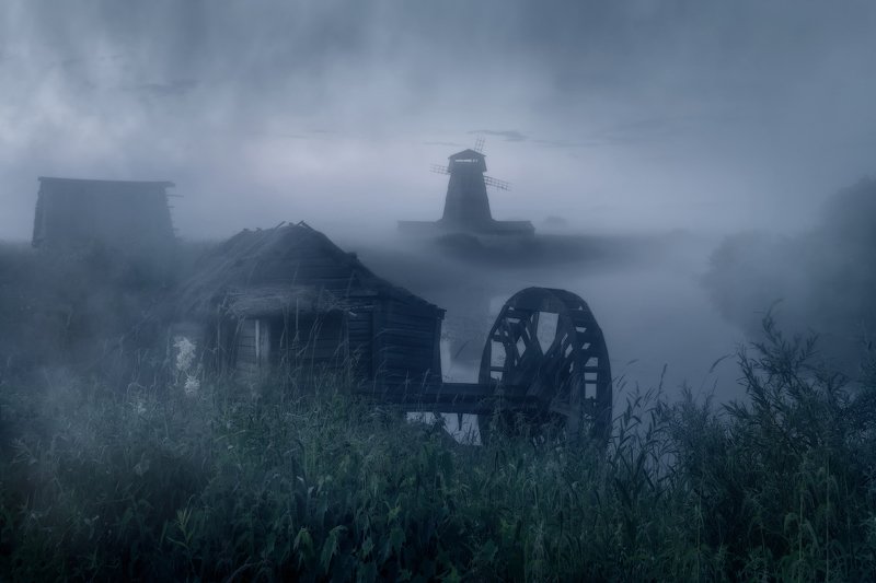 деревня, пушкинские горы, кинодеревня, туман, пейзаж, мельница, лесково, рассвет, псковская область Утренние сумеркиphoto preview