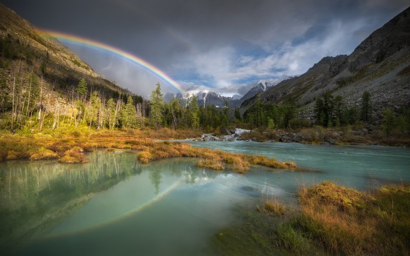 алтай, горный алтай, август, горы, катунский хребет, горная река, мюшту-айры, массив мюшту-айры, ледник братьев троновых, тайга, лес, разлив реки, склоны гор, усть-коксинский район, радуга, двойная радуга, природный парк белуха Под куполом радугиphoto preview