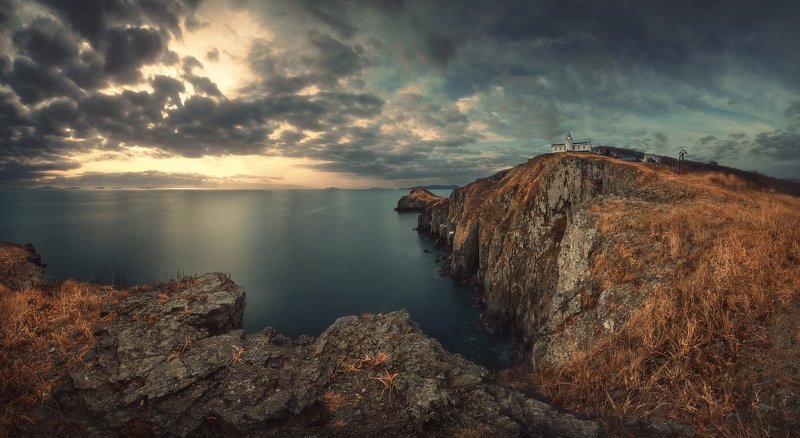 панорама, утро, скалы, море, маяк ***photo preview