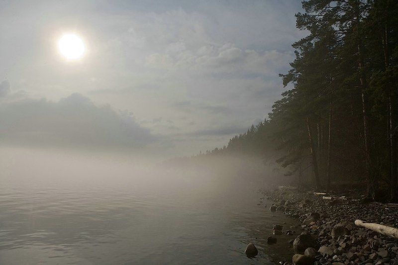 россия, карелия, онежское озеро, туман, солнце, вечер, вода, облака, пейзаж, природа, russia, karelia, lake onega, fog, sun, evening, water, clouds, landscape, nature photo preview
