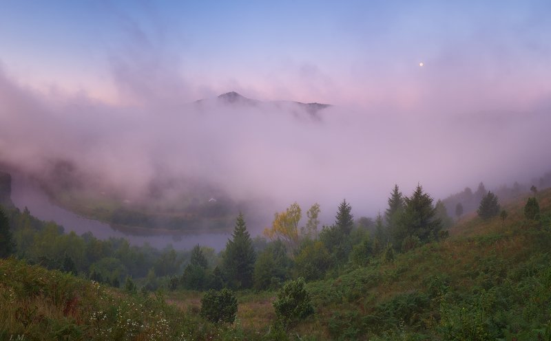 Прикарпатье, Рыбник, река, Стрый, Сколовские Бескиды, лето, луна, панорама, пейзаж, туман, утро, dawn, fog, landscape, moon, mountains, river, trees, misty, colors, mist, foggy, Stryi, Skolivski Beskydy ***photo preview