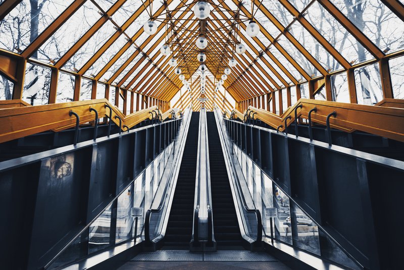 urban, geometry, architecture, yellow, escalator, bridge, city, modern, moscow, russia Городская геометрияphoto preview