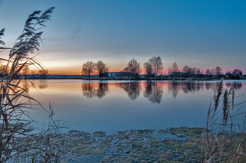 вечер, закат, озеро, река, отражение, церковь, монастырь ***photo preview