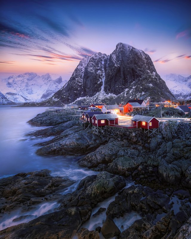 norway, lofoten, winter, sunrise, hamnoy, mountain, water, sky, color Февраль на Лофотенахphoto preview