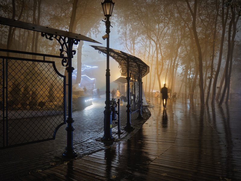 вечер, город, аллея, туман, прохожий, силуэт, деревья, листья, осень Туманный вечерphoto preview