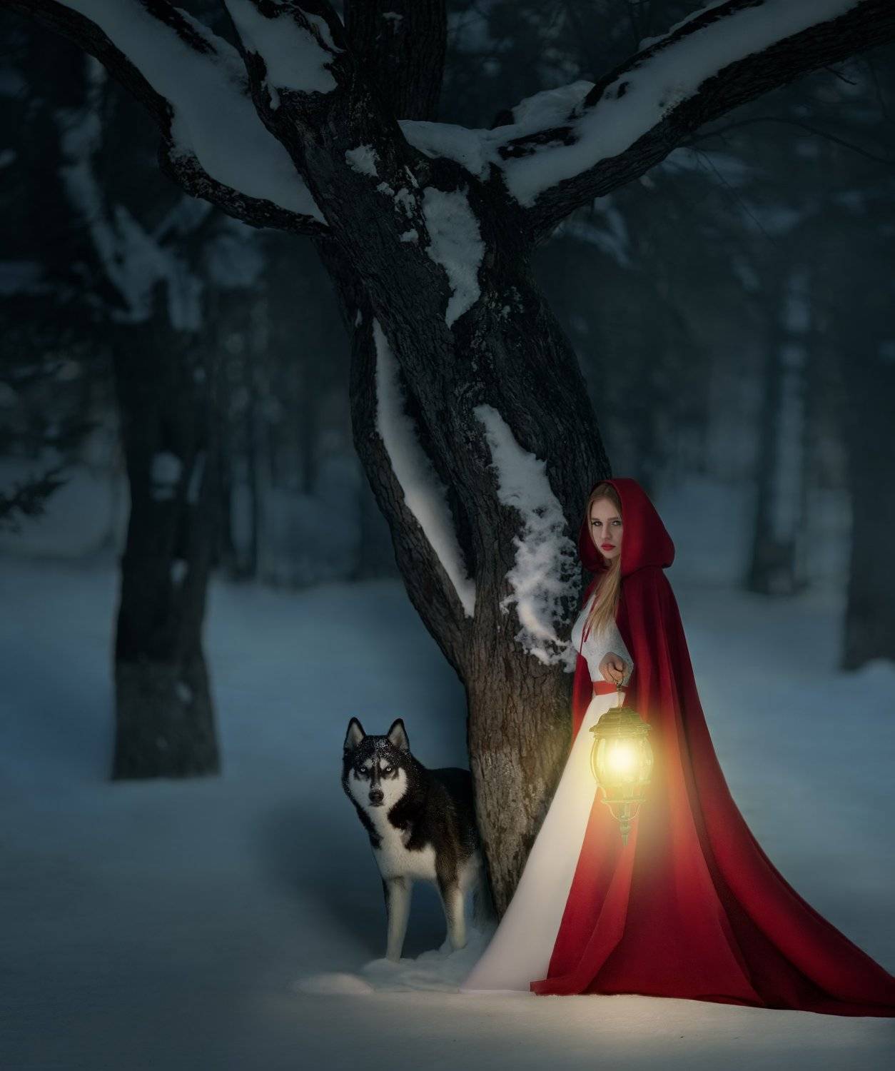 Red Riding Hood. Автор: Ксения Лыгина #husky, #dog, #girl, #night, #redhood, #winter, #forest, #mystery, #lighter, #lamp #краснаяшапочка #сказка #fairytale, Ксения Лыгина