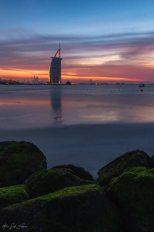 architecture, landscape, seascape, building, dubai, reflection, photography, colors, clouds, Sunset At Burj Al Arabphoto preview