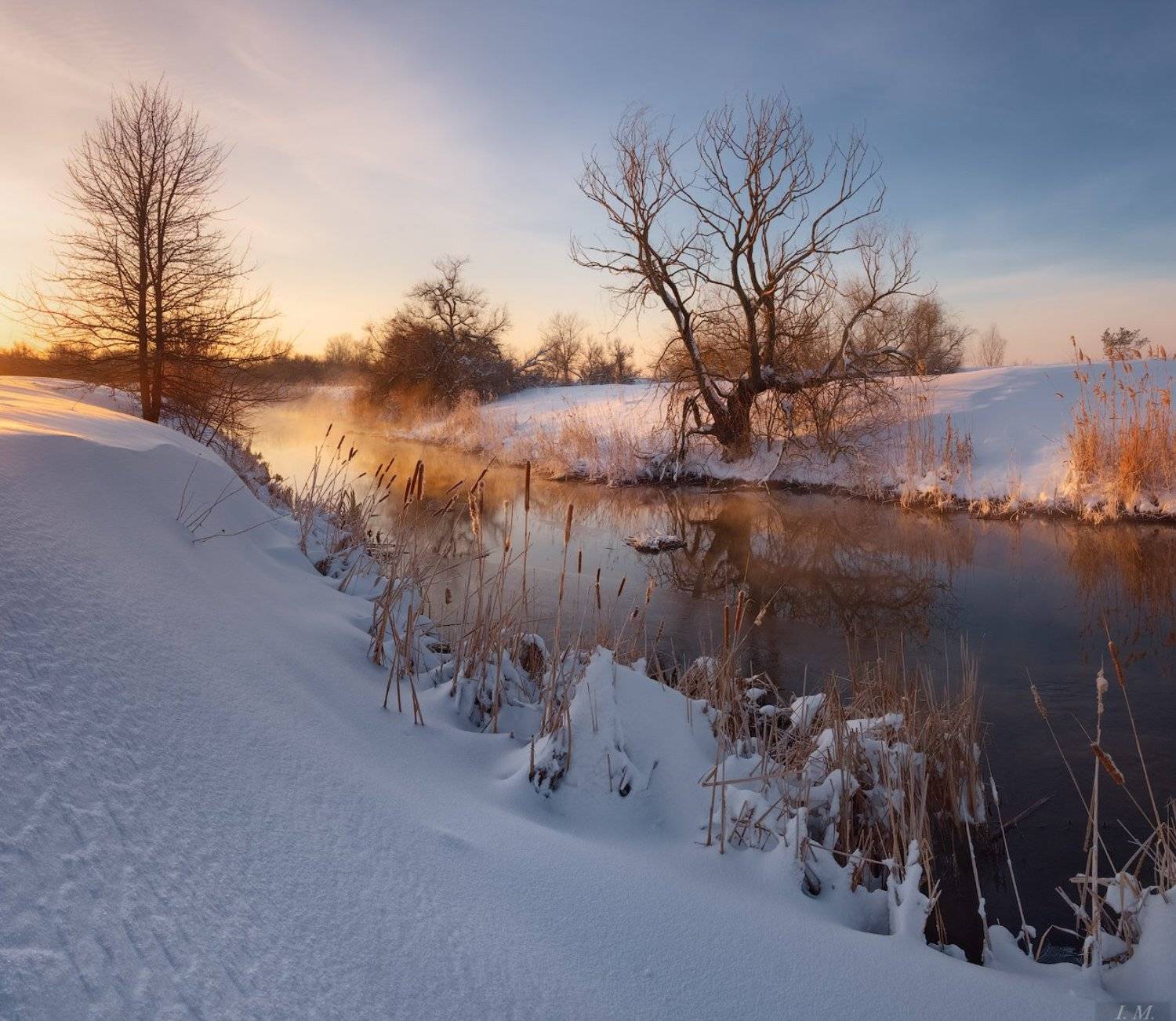 зима, утро, снег, мороз, пейзаж, речка, рассвет, морозное утро, winter, landscape, small, river, cold, colors, dawn, sunrise, frozen, snow, frost, trees, Ivan Maljarenko 