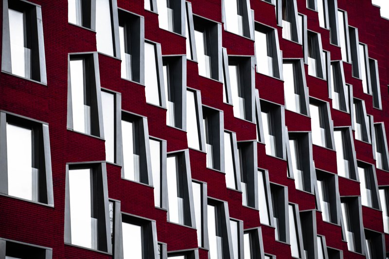 architecture, modern, urban, red, facade, pattern, abstarct, day, windows, Moscow, Russia Имплицитный порядокphoto preview