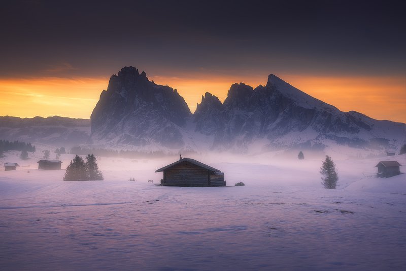 dolomiti, italy, landscape, winter, autumn, snow, sunrise, mountain, house,  alpe di siusiphoto preview