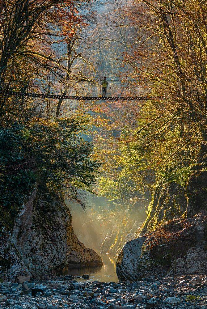 На мосту. Автор: Лашков Фёдор краснодарский край, западный кавказ, сочинский национальный парк, тисо-самшитовая роща, река хоста, ущелье, осень, мост, туризм, человек, лес, путник, скалы, чёртовые ворота,, Лашков Фёдор