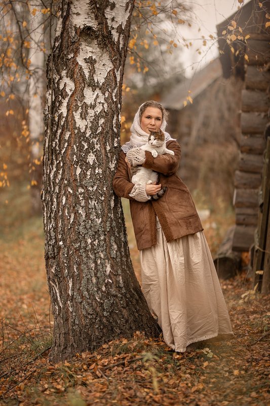деревня,  животные, кошка, кот, осень, девушка, женщина, женский портрет Тихая жизнь фото превью