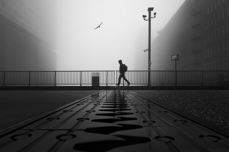 bridge, hamburg, road, people, fog, mist, lantern, street, urban streets of hamburgphoto preview