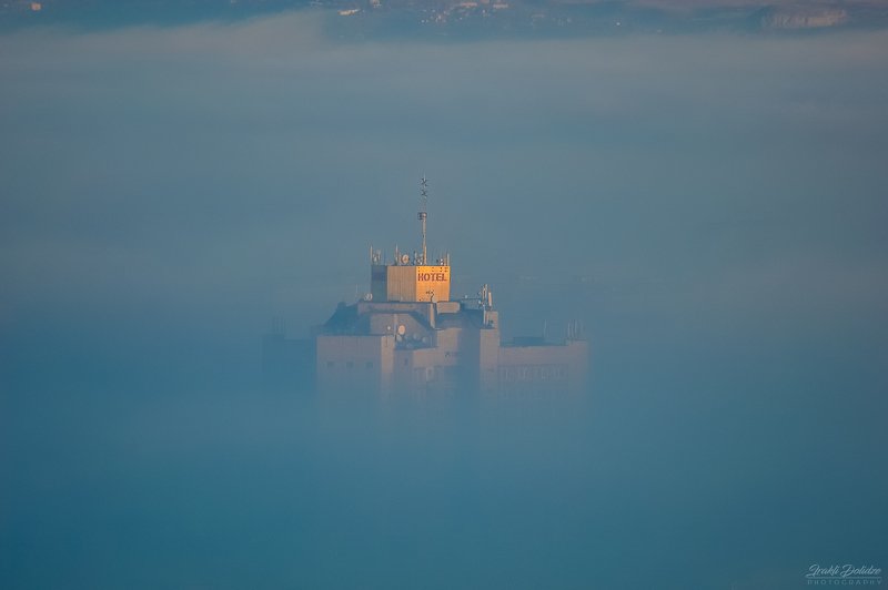 fog, hotel, landscape, city, sunrise, sun, sunlight, travel, zoom, over clouds Foggy dayphoto preview