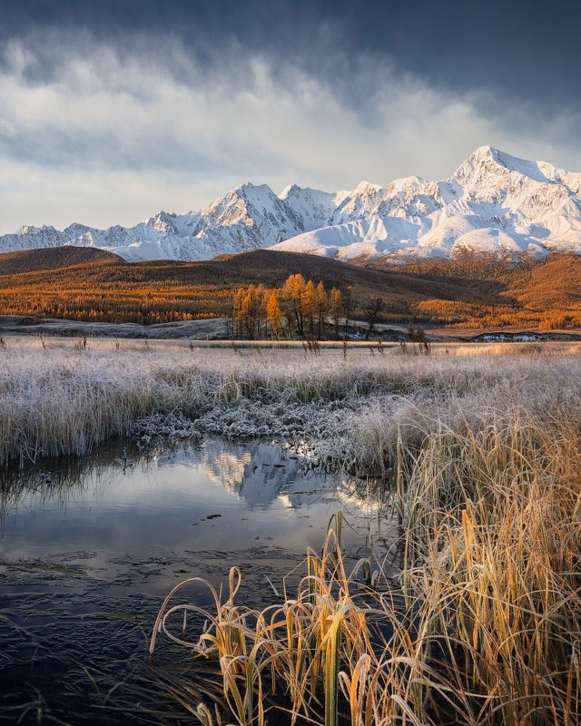 иней, озеро, горы, снег, отражение Утренний свет в урочище Ештыкельphoto preview