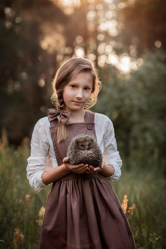 ёж, девочка, портрет, девушка, милая, питомец, лесной, лето, закат, солнце, солнечный,  Алина с ёжиком.photo preview