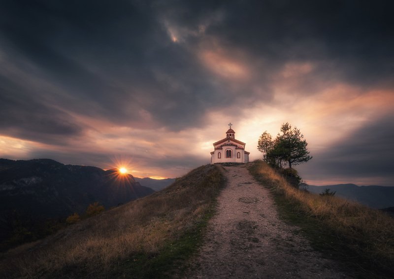 sunset, sun, cloud, landscape, chapel, faith Ascensionphoto preview
