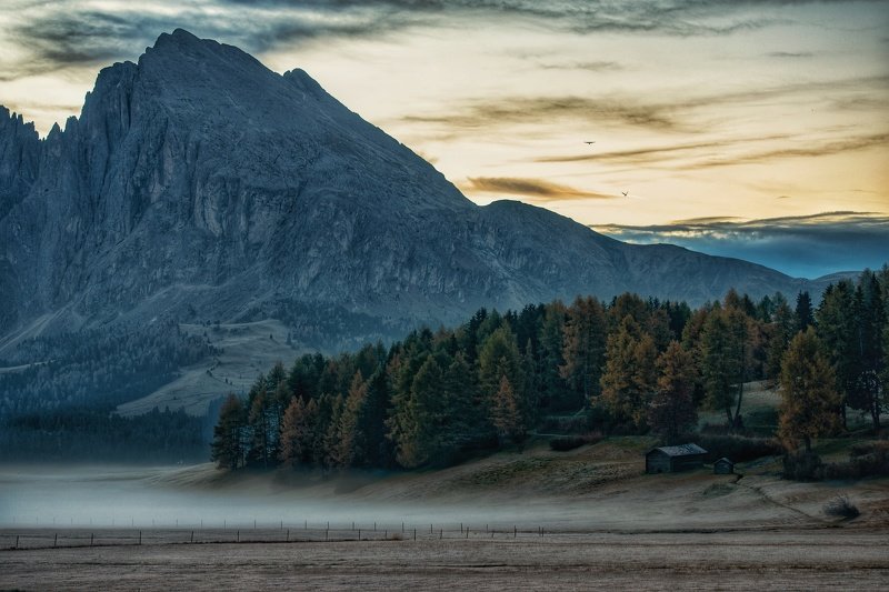 доломитовая осень, деревья, осень, горы, доломиты, альпы, домики, рассвет, туман, иней Утро в Альпахphoto preview