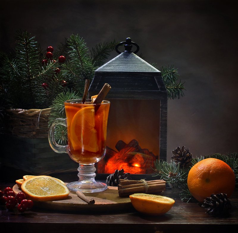 натюрморт, новый год, глинтвейн, апельсин, корица, фонарик, камеленк Глинтвейнphoto preview