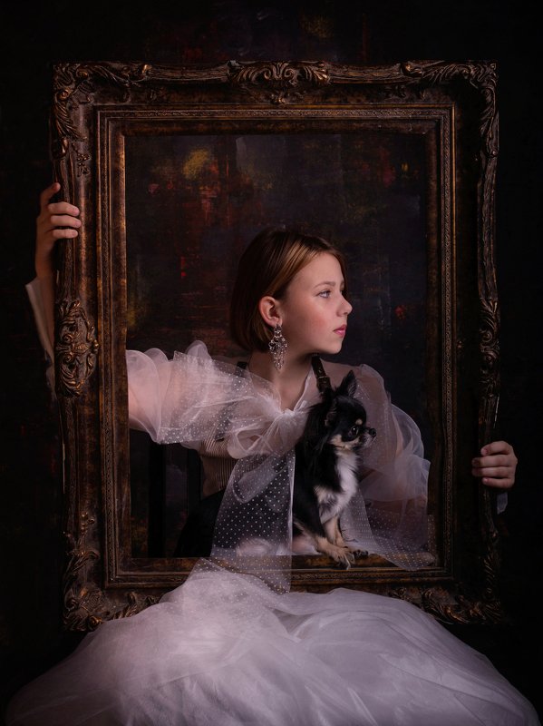 постановка, деткий портет собака Портрет с рамой  и собакойphoto preview