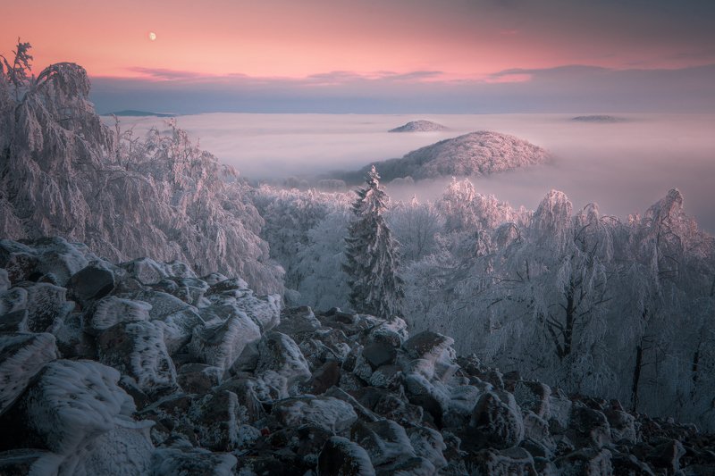 landscape, sunset, moon, winter, snow, frost, sky, ice, light, czech republic Winter Landphoto preview