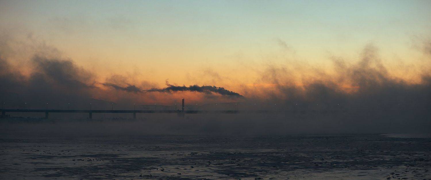 пейзаж, закат, мост, туман, река, зима, север, мурманск, landscape, nature, sunset, cold, fog, river, panorama, панорама, Ефимов Александр