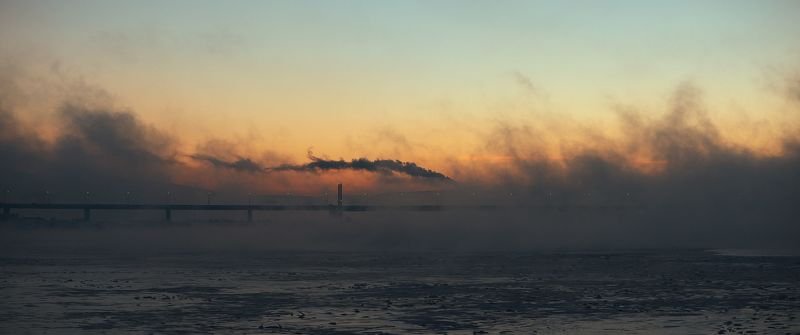 пейзаж, закат, мост, туман, река, зима, север, мурманск, landscape, nature, sunset, cold, fog, river, panorama, панорама Northern Sunsetphoto preview