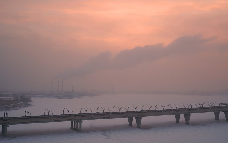 winter, frost, cold, sky, sunrise, dawn, city, bridge, snow, bay, fairway Winter morning фото превью