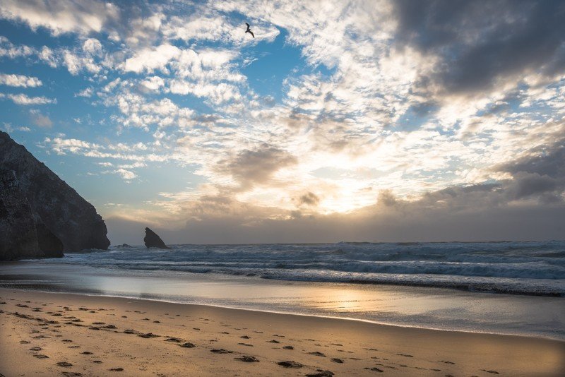 португалия, пляж, океан, следы, песок, атлантический океан, вода, закат На закатеphoto preview