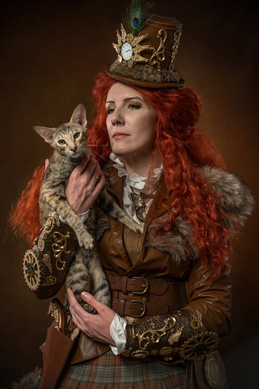 женский потрет, портрет с кошкой, стимпанк  Лучшая подругаphoto preview