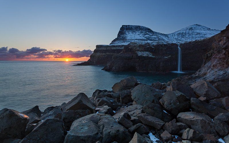 atlantic, f?royar, faroe islands, gasadalur, sunset, waterfall, атлантический океан, закат, фарерские острова Фарерские островаphoto preview