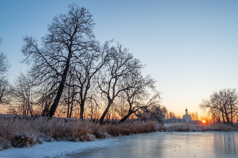 закат, рассвет, мороз, солнце, озеро, церковь, деревья, храм photo preview